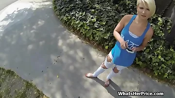 Super sexy icy blonde blows me outdoors for money