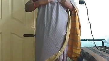 desi  indian tamil telugu kannada malayalam hindi horny cheating wife vanitha wearing grey colour saree  showing big boobs and shaved pussy press hard boobs press nip rubbing pussy masturbation