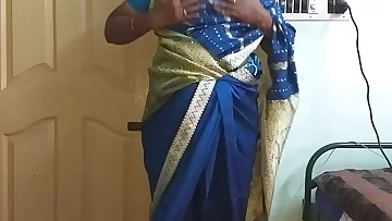 des indian horny cheating tamil telugu kannada malayalam hindi wife vanitha wearing blue colour saree  showing big boobs and shaved pussy press hard boobs press nip rubbing pussy masturbation