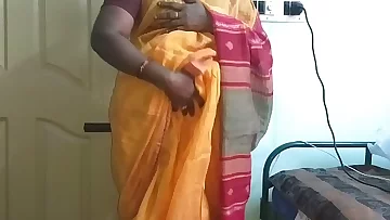 desi  indian horny tamil telugu kannada malayalam hindi cheating wife vanitha wearing orange colour saree  showing big boobs and shaved pussy press hard boobs press nip rubbing pussy masturbation