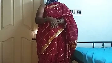 desi  indian tamil telugu kannada malayalam hindi horny cheating wife vanitha wearing cherry red colour saree showing big boobs and shaved pussy press hard boobs press nip rubbing pussy masturbation