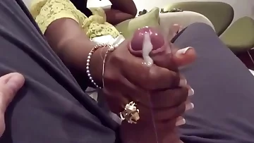 Desi woman gives young man handjob on train