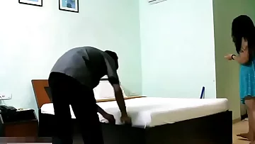 Indian Bhabhi In Blue Lingerie Teasing Young Room Service Boy
